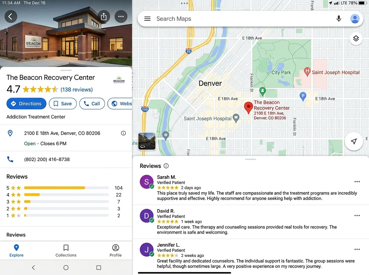 Скриншот рейтинга клиники на Google Maps — 4.7 звезды, подтверждённые отзывы пациентов о наркологической помощи